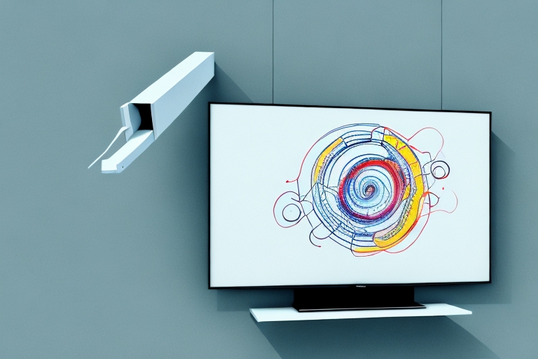 A large tv mounted on a wall with a cantilever arm
