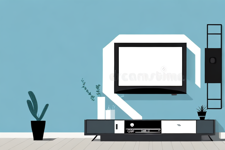 A tv stand with a wall-mounted flat-screen television