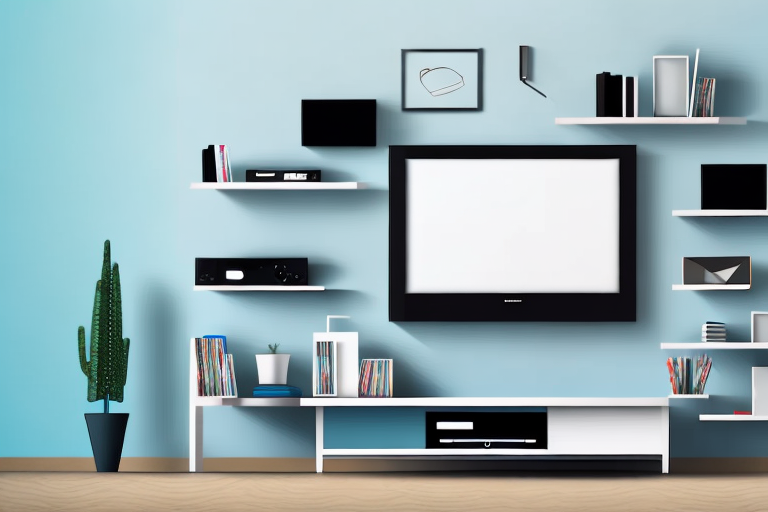 A wall-mounted tv stand with shelves and components