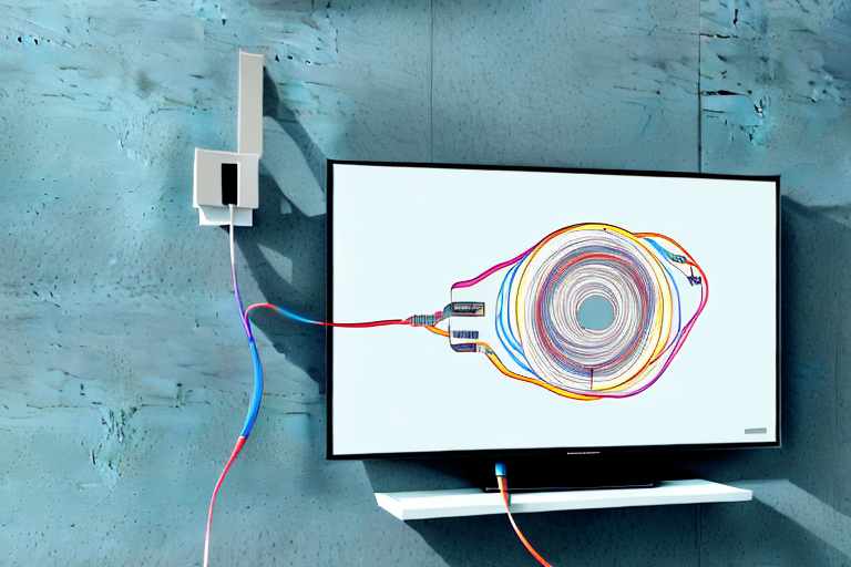 A wall-mounted television with the necessary cables and components