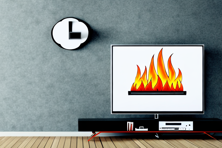 A wall-mounted television with a fire burning in front of it