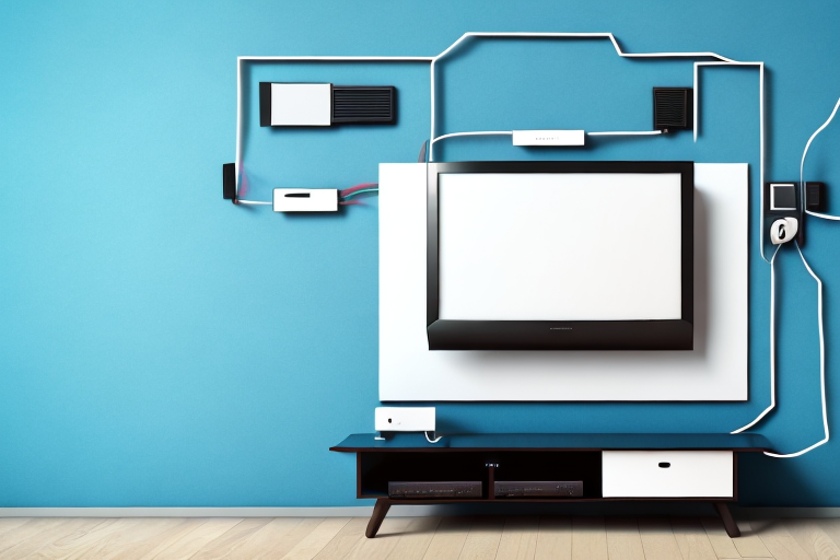 A wall-mounted tv with cables running from the back of the tv to the wall