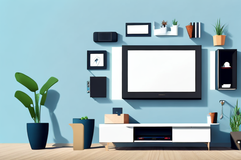 A wall-mounted tv stand with the necessary components and tools
