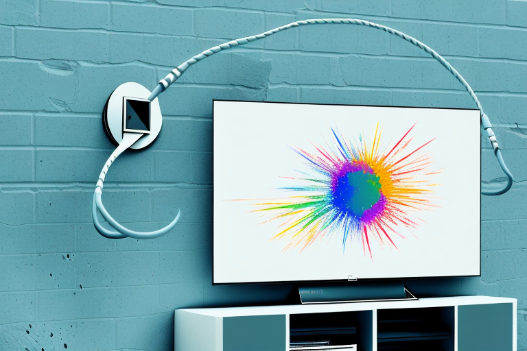 A wall-mounted vizio television with its cables connected