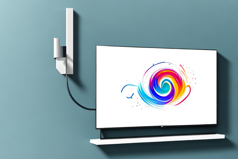 A wall-mounted lg tv with a cable connecting it to a device