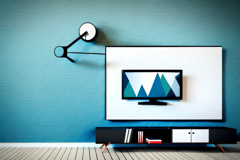 A wall with a tv mounted on it using an alternative method to screws
