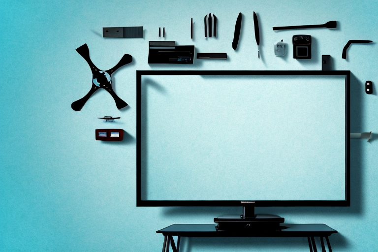 A wall-mounted television with tools and equipment to fix it