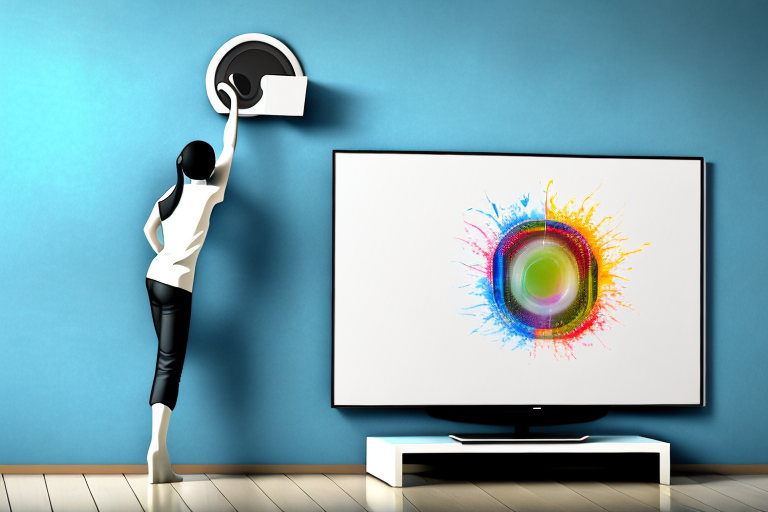 A wall-mounted television with a person installing the mount
