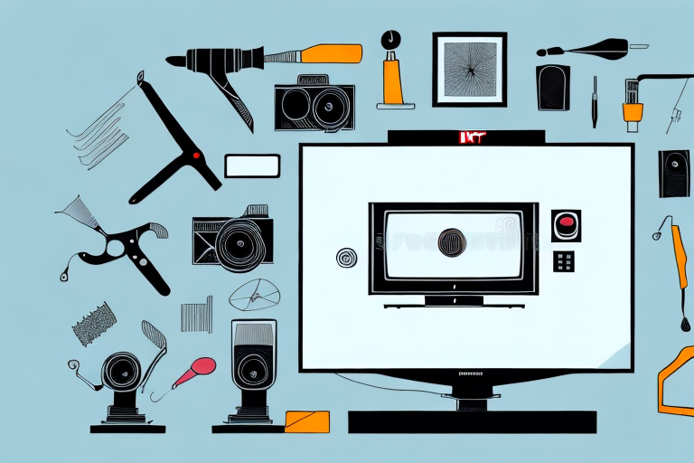 A wall-mounted tv with a range of tools and equipment around it