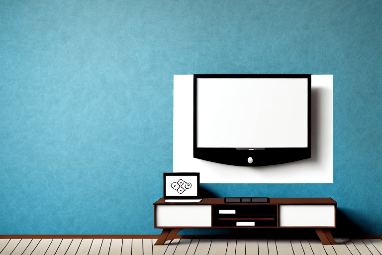 A wall with a tv mounted on it using fering strips