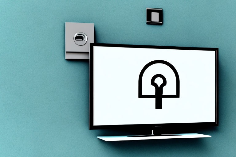A wall-mounted television with a lock on it