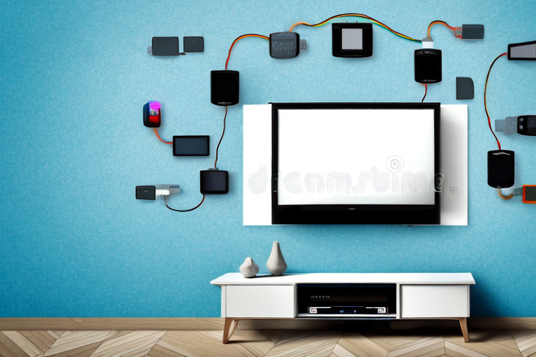 A wall with a mounted tv and cables connected to it