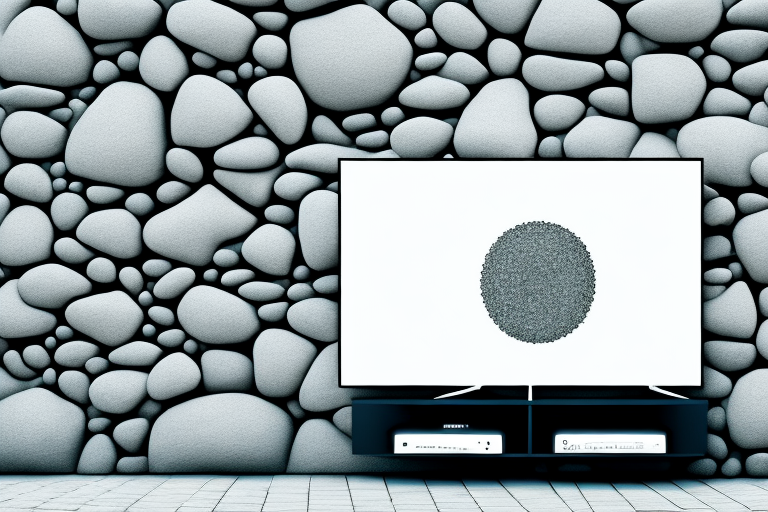 A person mounting a tv onto a wall made of uneven stones