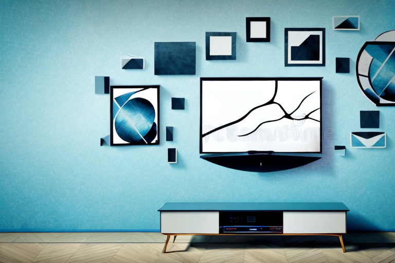 A wall-mounted television above three monitors