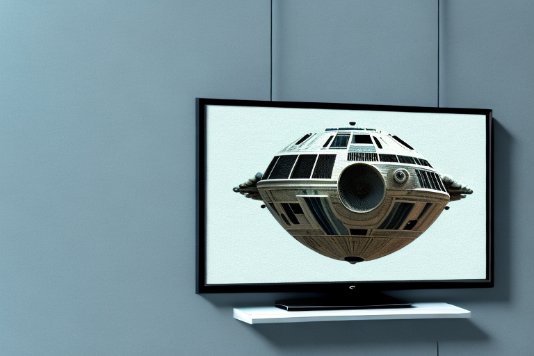A wall-mounted television with a ucs millenium falcon tv mount attached