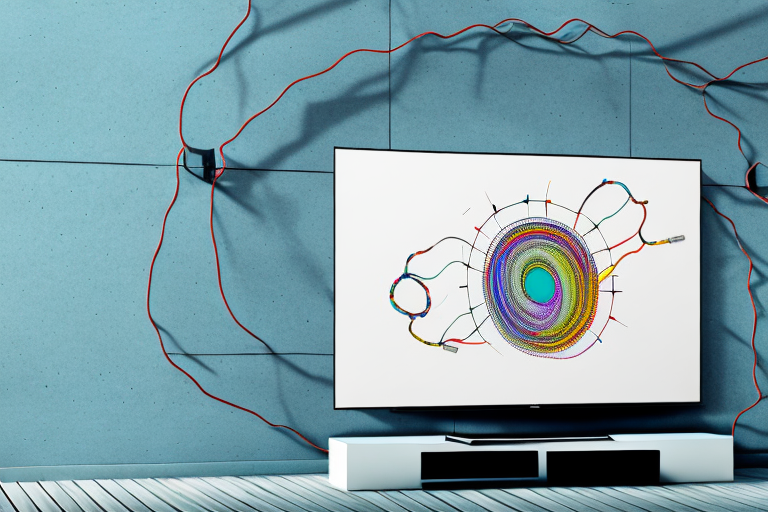 A wall-mounted tv with the necessary cables and components