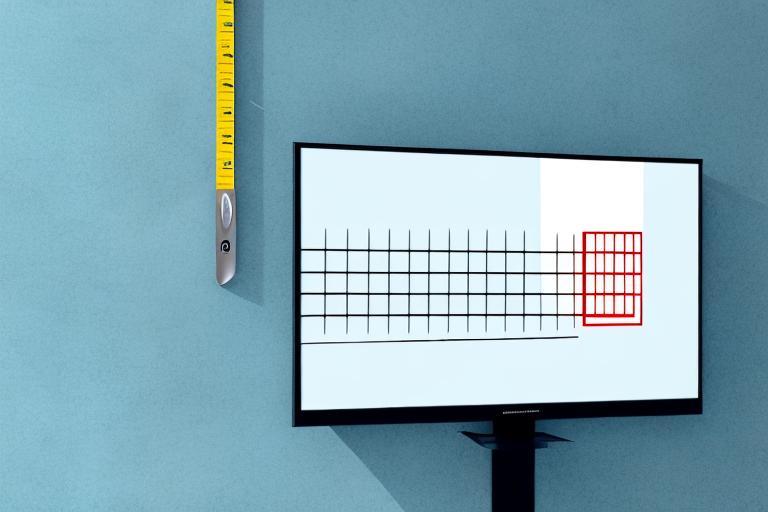 A flat panel tv mounted on a wall with a ruler or measuring tape to show the height