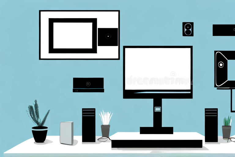 A wall-mounted tv above two computer monitors