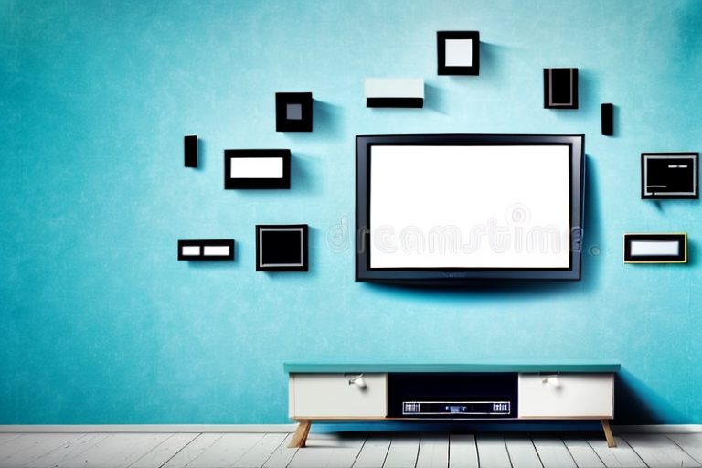 A wall with a television mounted on it at various heights