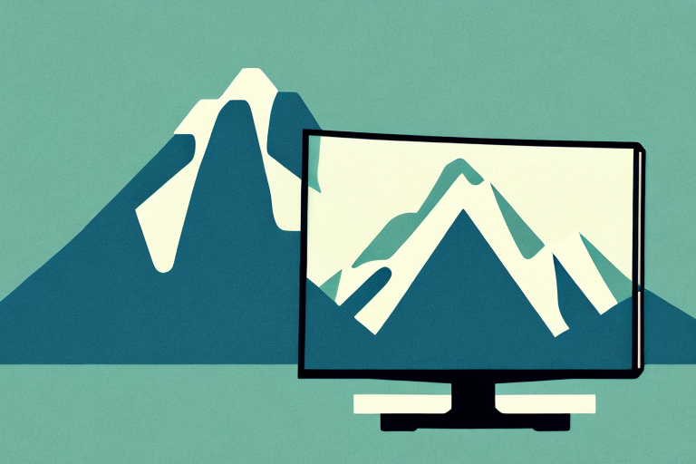 A television with a mountain landscape in the background