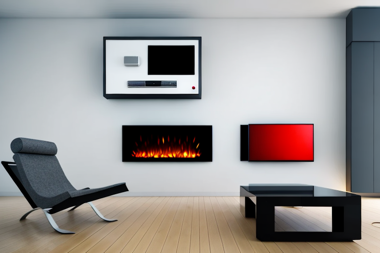 A wall-mounted electric fireplace with a tv in close proximity