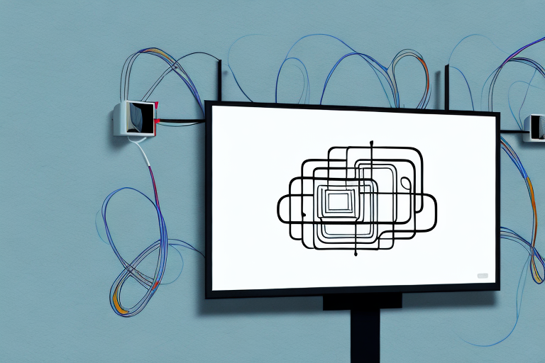 A wall-mounted flat-screen television with cables and cords connected