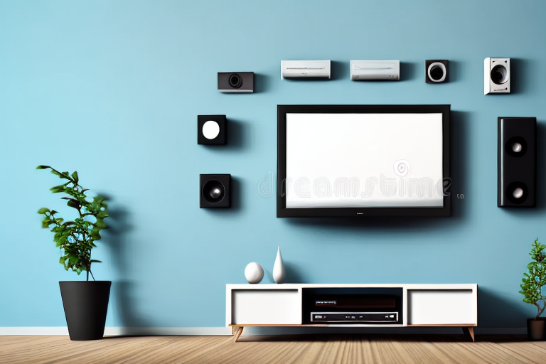 A wall-mounted television with a surrounding home entertainment setup