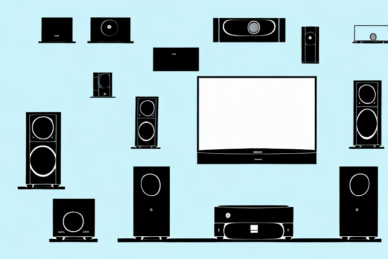 A home theater system with speakers and a television