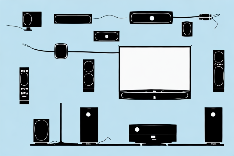 A home theater system remote and a tv
