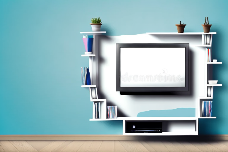 A wall-mounted shelf with a television on it