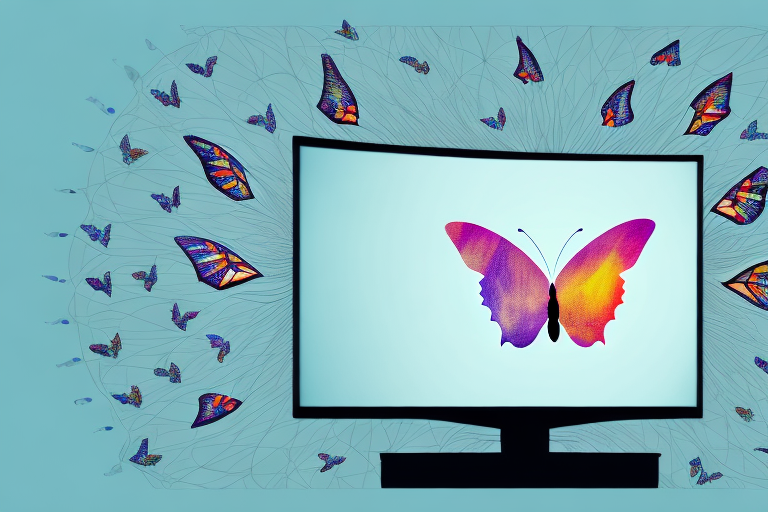 A tv mounted on a wall with a butterfly pattern