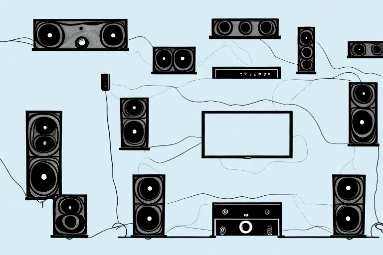 A home theater system with wires and speakers connected