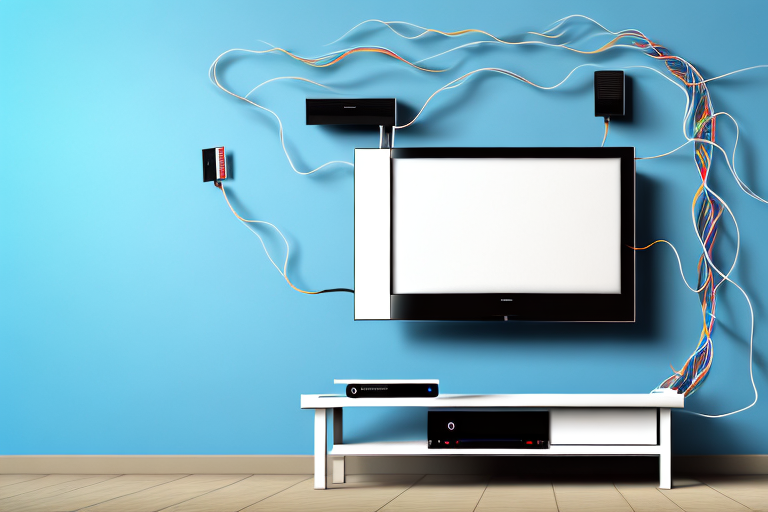 A wall-mounted tv with cables running from the tv to the wall
