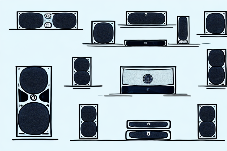 A home theater system with a bose soundbar and speakers