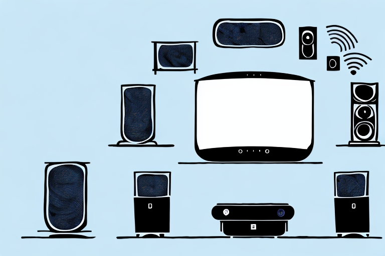 A home theater setup with a wireless router and speakers