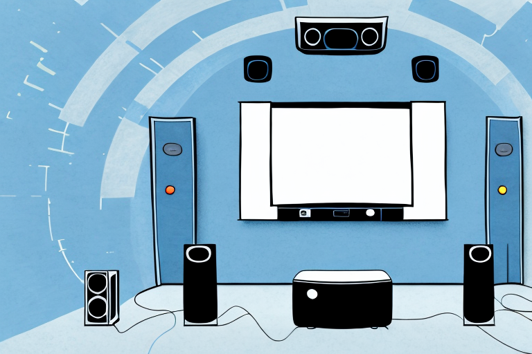 A home theater system with a remote control in the foreground
