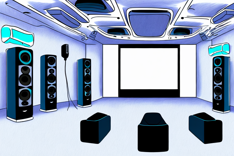 A home theater system with speakers positioned around the room