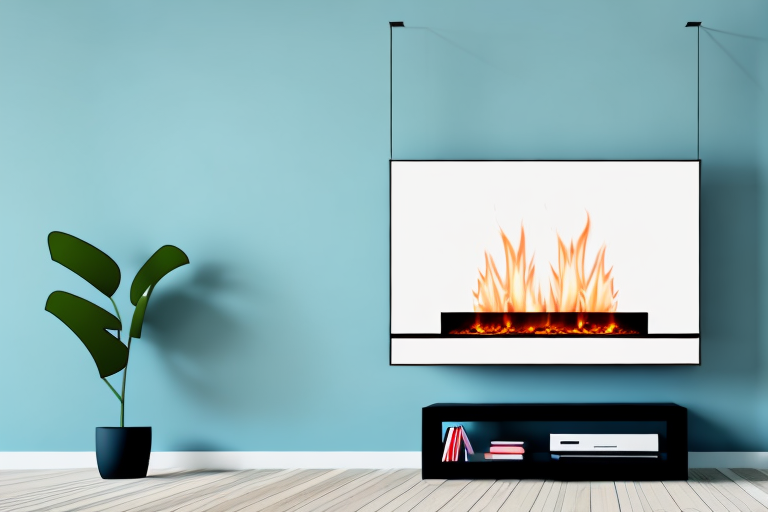 A freestanding fireplace with a tv mounted on the wall above it
