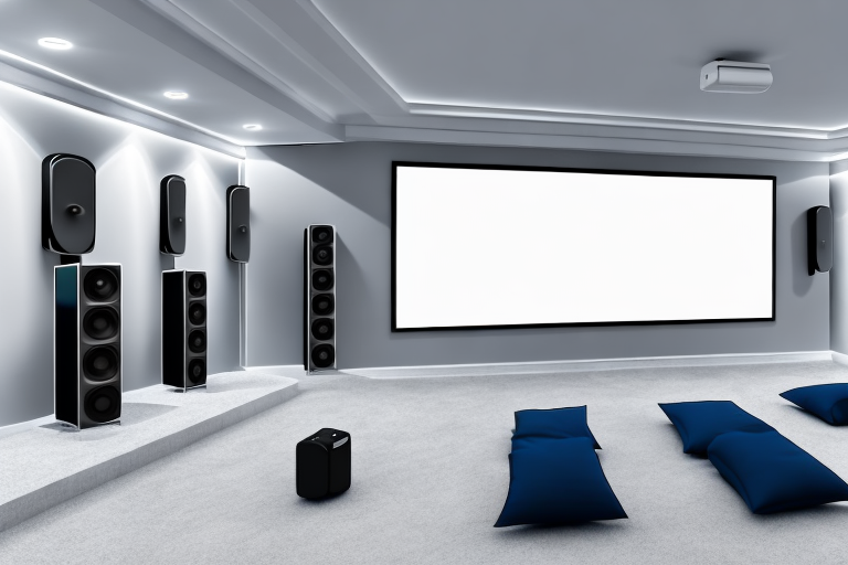 A large room with a home theater system set up