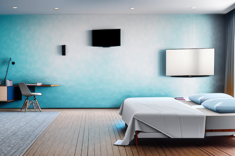 A bedroom with a tv mounted on the wall