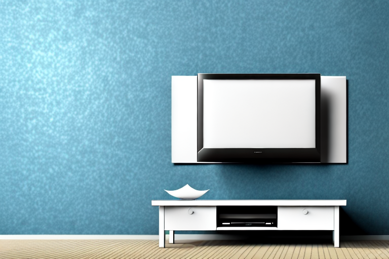 A wall-mounted television with a ruler showing the correct height for mounting
