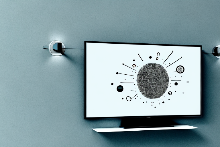 A wall-mounted television with visible screws