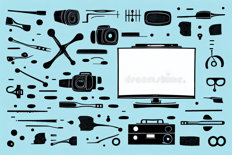 A television mounted on a wall with a set of tools and accessories