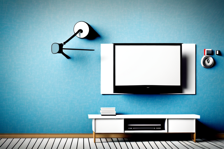 A wall with a tv mounted on it using a no-drill mounting system