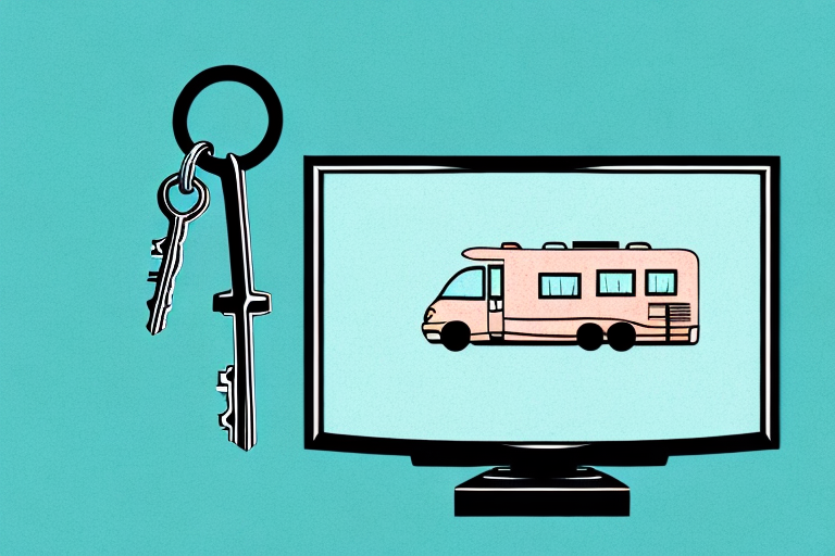 A tv mounted on an rv wall with a key in the lock