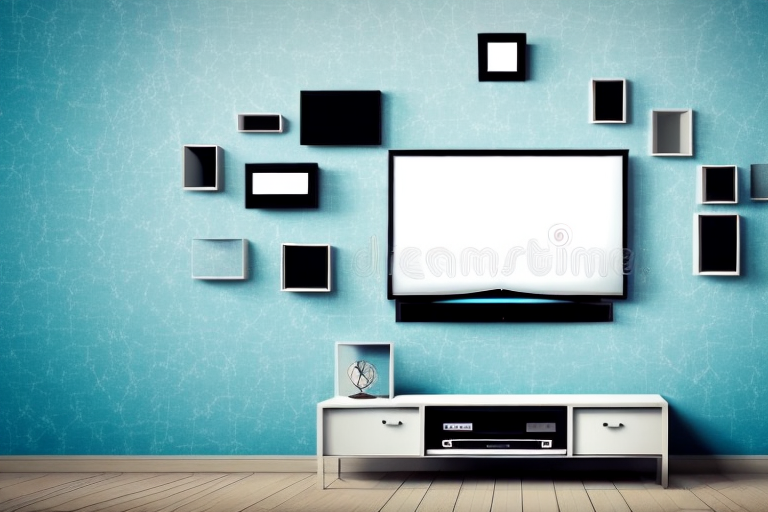 A wall with a tv mounted on it at varying heights
