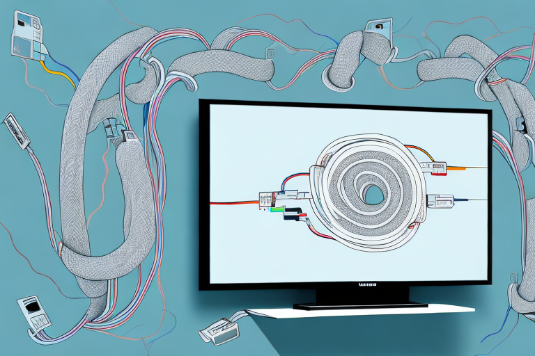 A wall-mounted widescreen tv with all the necessary cables and components