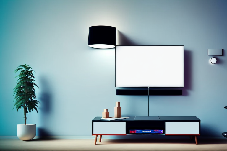 A wall-mounted tv with a philips hue light mounted behind it
