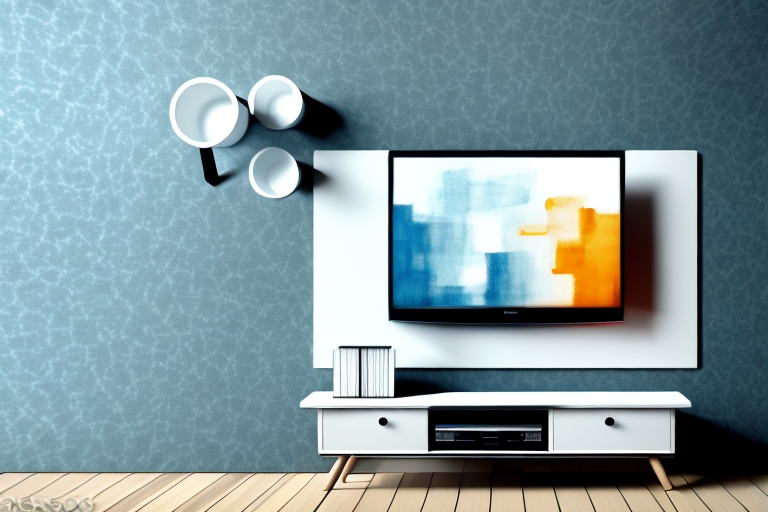A wall-mounted tv with a piece of furniture below it