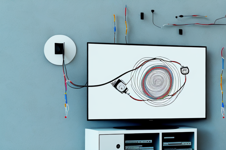 A wall-mounted television with its cables and accessories